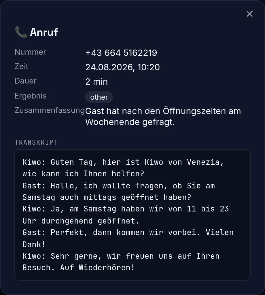 Anruf-Detail mit Transkript, echter Screenshot