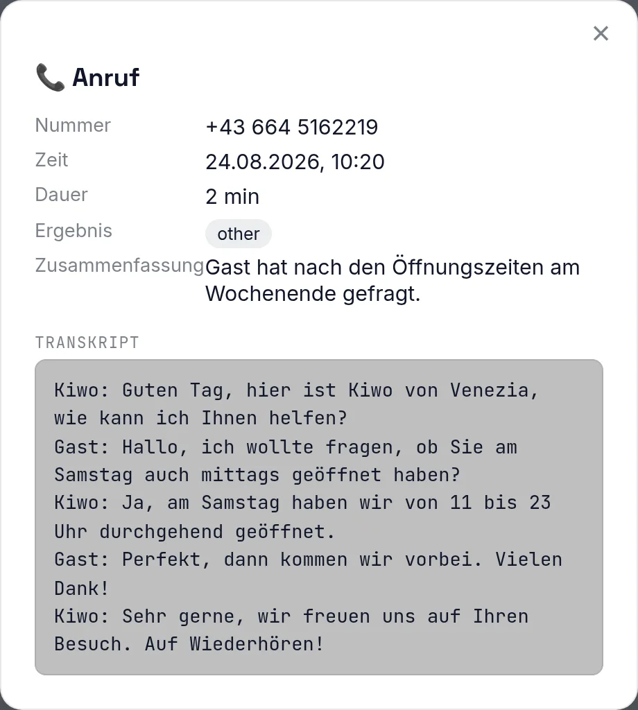 Anruf-Detail mit Transkript, echter Screenshot