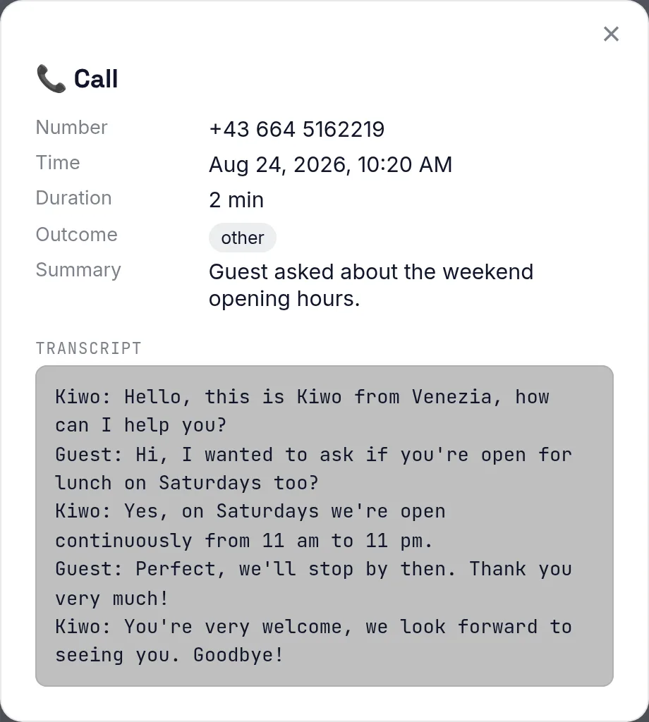 Call detail with transcript, real screenshot