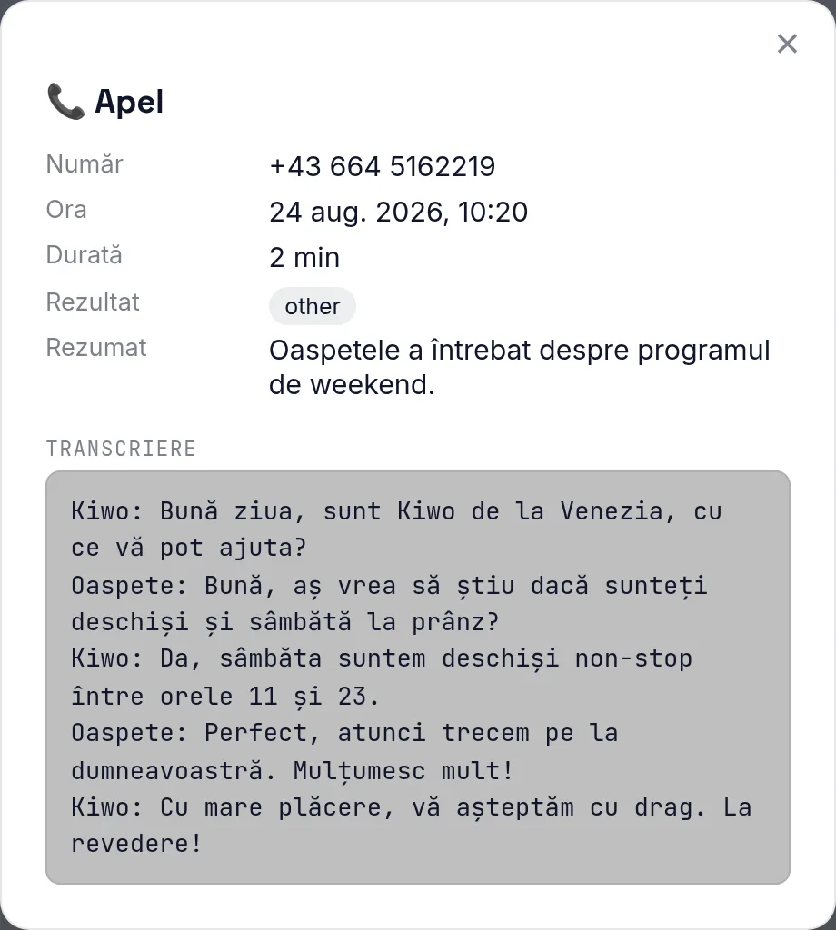 Detaliu apel cu transcriere, captură reală de ecran